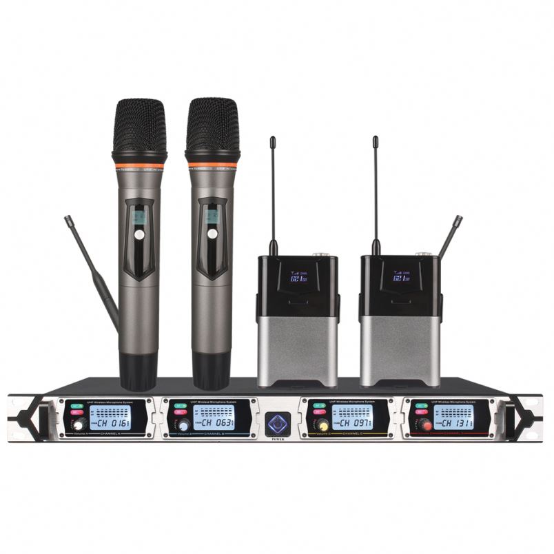 Micrófono inalámbrico UHF de Tiwa 4 canal con micrófono auricular de mano de Bodypack