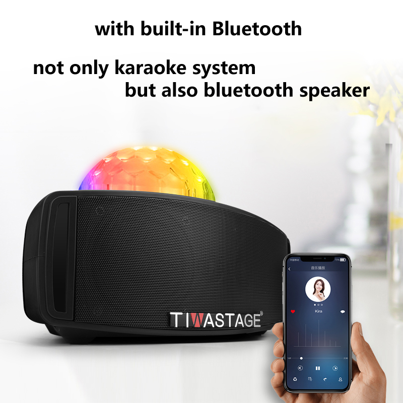 Sistema de karaoke Bluetooth portátil con micrófono y batería ligera.